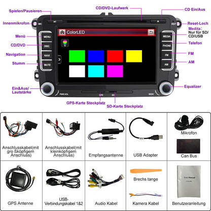 AWESAFE Radio for VW Golf 5 Golf 6, 2DIN car radio with Mirrorlink, 7 inch touchscreen monitor, SD, USB, CD DVD, and Bluetooth.