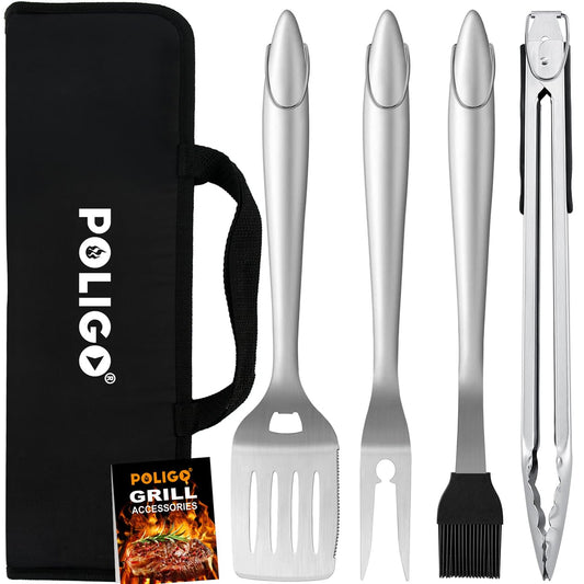POLIGO 5-piece Grill Tools Set - Premium extra thick, stainless steel BBQ accessories - portable grill kit - perfect for birthdays, for men and women.