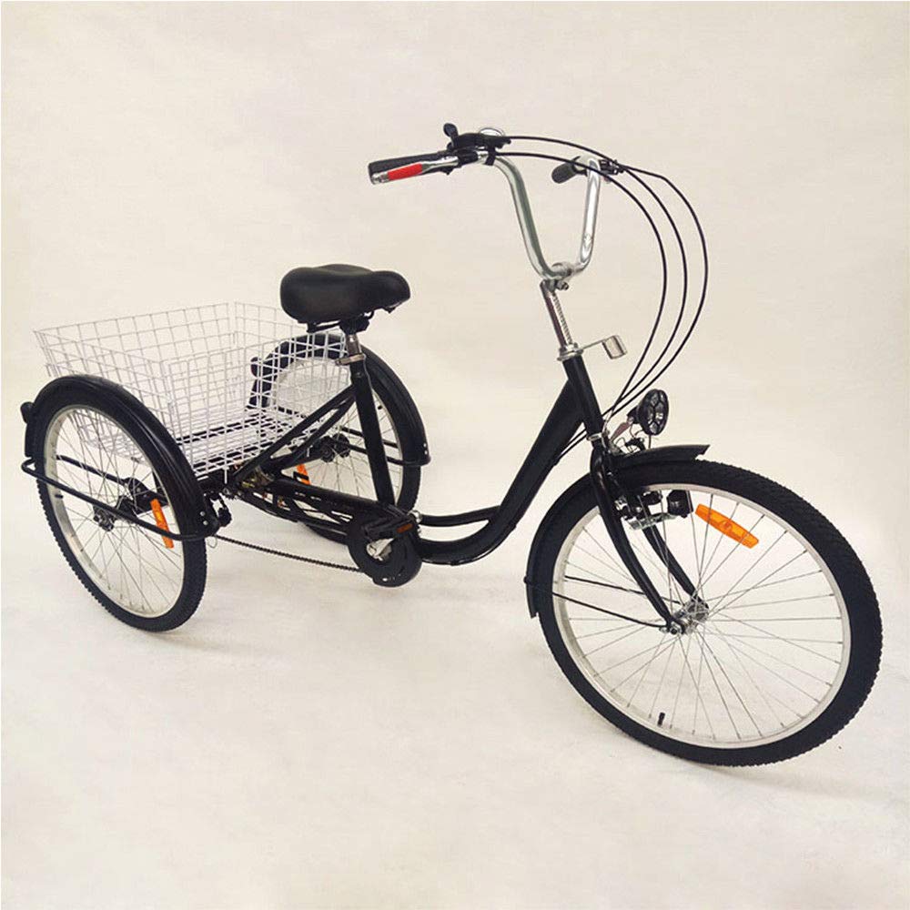 24"3 wheel tricycle for adults with light, 6-speed bike, shopping basket trike pedal bike, for outdoor shopping picnic (black)