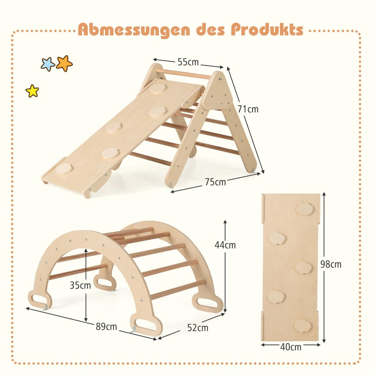 GOPLUS Climbing Frame Indoor, 4 in 1 Climbing Triangle & Climbing Arch & Ladder & Slide, Rung Triangle Playground for Climbing, Sliding and Rocking, for Toddlers from 1 year old (Natural)