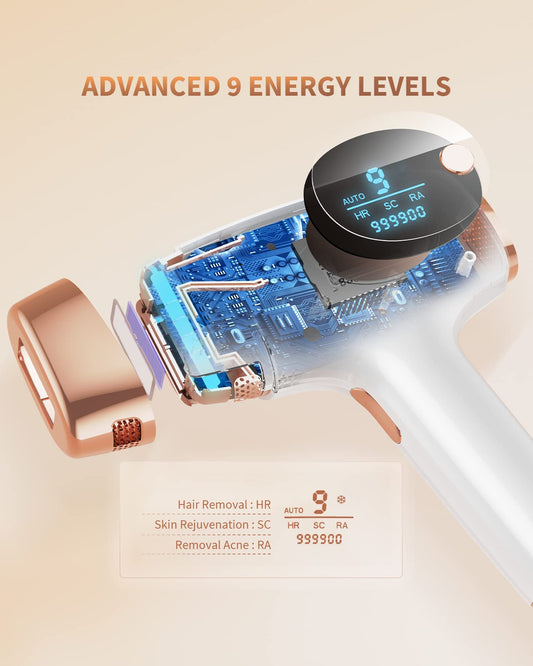 Dorzu ZKMAGIC Laser Hair Removal with 9 energy levels and 3 modes HR/SC/RA, 999,900 light pulses. Pain-free hair removal laser for women, men, armpits, legs, body.