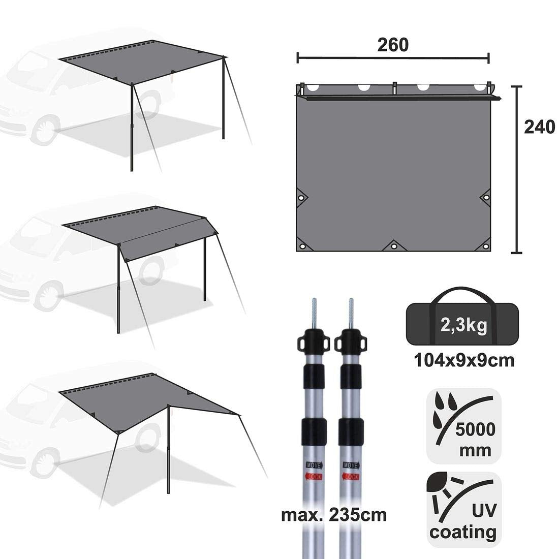 your GEAR Motorhome Tarp 260 x 240 Sunshade including poles for camping bus van car UV 50+ protection waterproof 5000mm