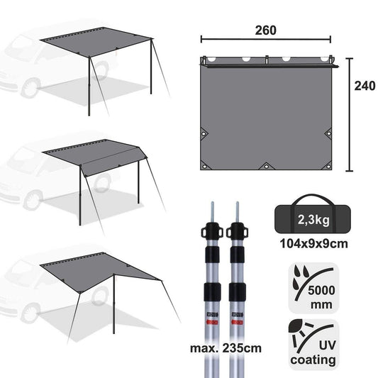 your GEAR Motorhome Tarp 260 x 240 Sunshade including poles for camping bus van car UV 50+ protection waterproof 5000mm