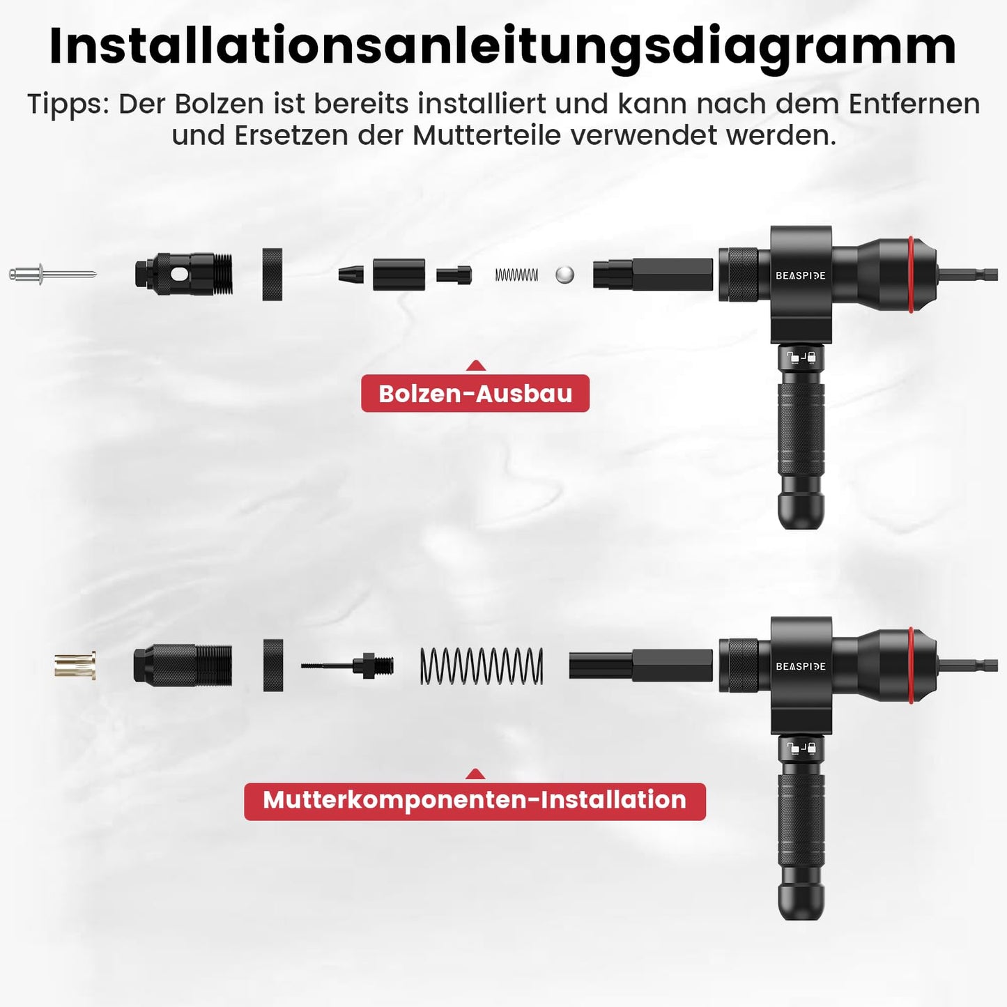 Beaspire 2 In 1 Rivet Nut Gun Attachment Rivet Gun for Cordless Drill & Drill, Electric Rivet Nut Tool Set for 2.4-6.4 mm Rivets, Rivet Nut Gun Set for M3-M12 Nuts