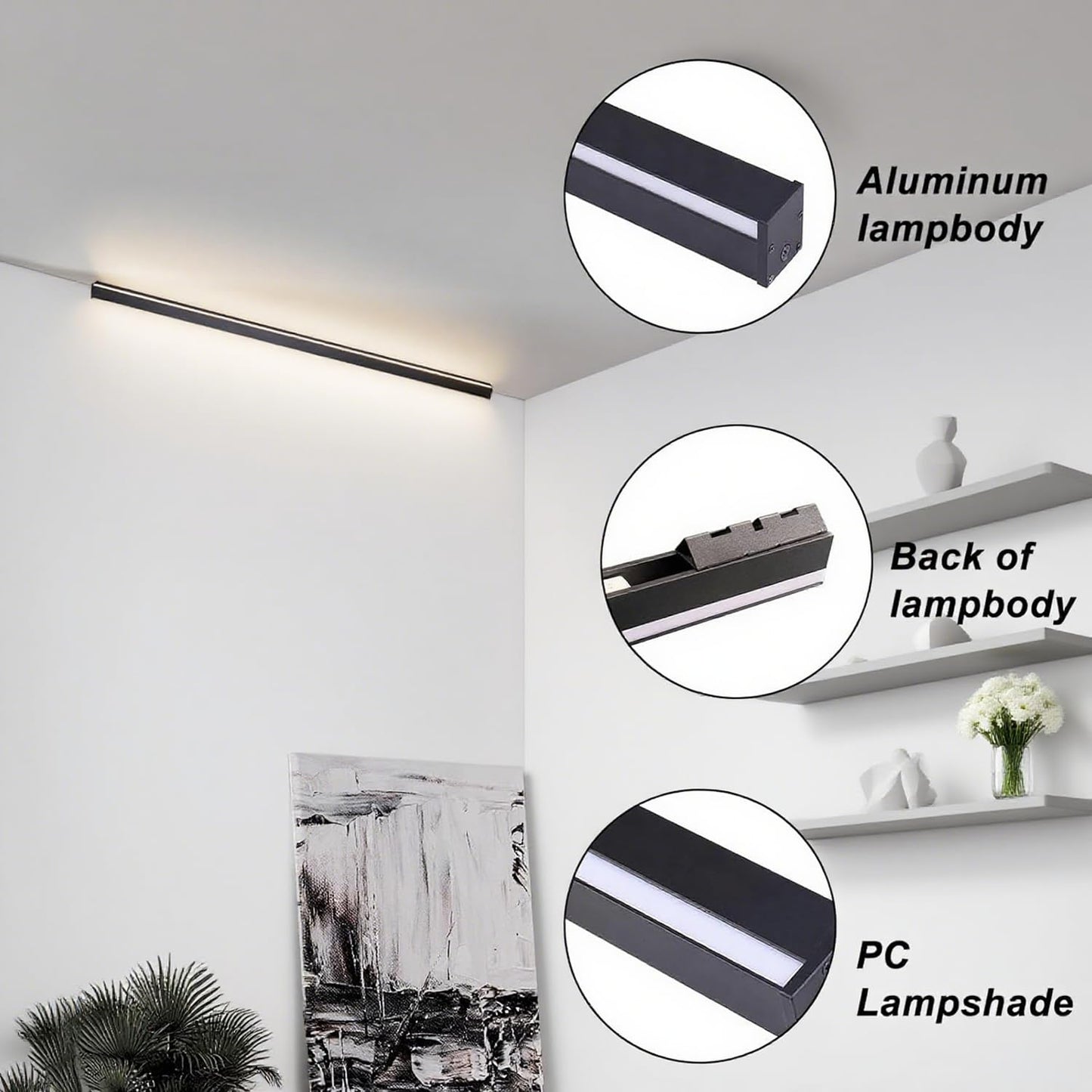 LOVUS Long LED Wall Light Indoor, 150CM Wall Corner Lamp with Remote Control, Black Modern Wall Lamp, Dimmable (3000K-6000K), Corner Wall Light, 50W 4000LM, Aluminum