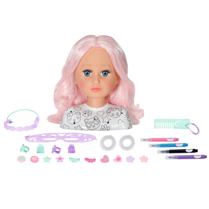 BABY born Styling Head Creative, styling head for painting with high-quality pink hair and over 20 accessories, 836033 Zapf Creation.