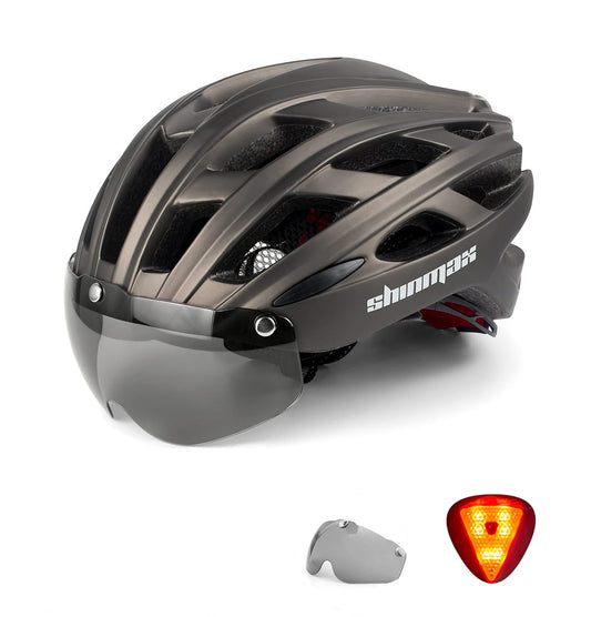 Shinmax bike helmet for men and women with visor, detachable magnetic goggles, and integrated light. Adjustable MTB helmet for adults in size M (54-58cm). Color: Titanium.