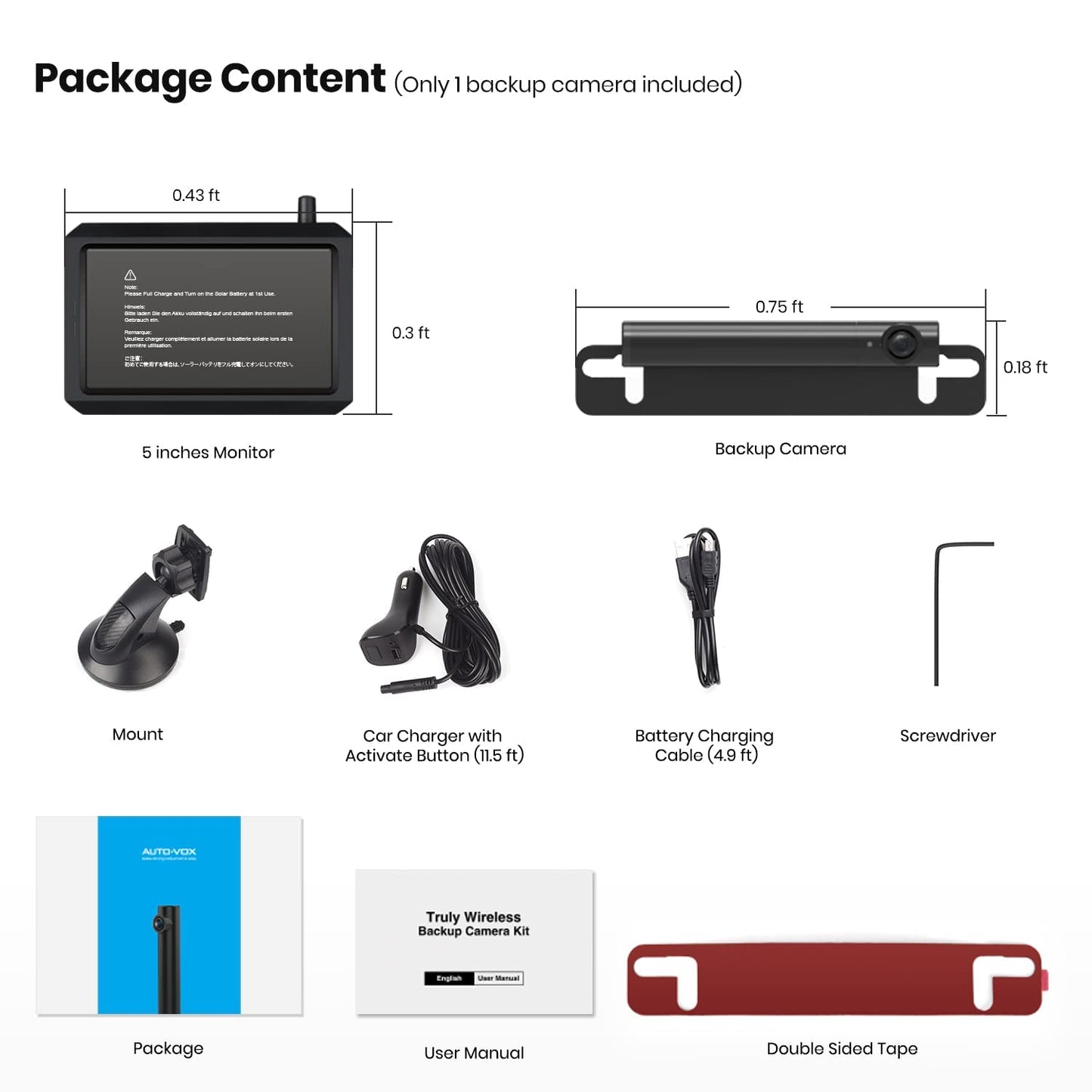 AUTO-VOX Wireless Backup Camera Kit supports 2 cameras for parking/surveillance, with a 720P wireless backup camera and 5" HD monitor. IP68 waterproof camera for trucks/SUVs.