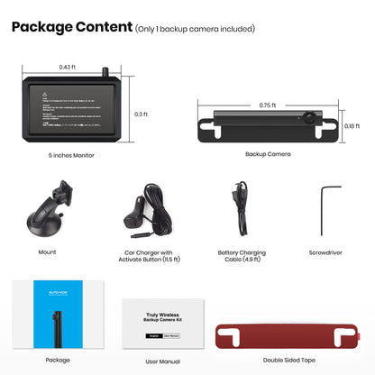 AUTO-VOX Wireless Backup Camera Kit supports 2 cameras for parking/surveillance, with a 720P wireless backup camera and 5" HD monitor. IP68 waterproof camera for trucks/SUVs.