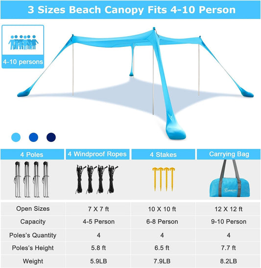 The COMMOUDS sun shade 3M x 3M, UPF50+ beach tent with 4 aluminum poles and sandbags for 6-8 people provides portable sun protection. Easy setup for picnics, outdoor fishing.