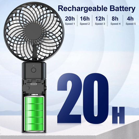 gabless USB fan, handheld fan with 5200mAh battery, USB desk fan 20 hours working time, mini fan 5 levels strong wind, small fan quiet for office bedroom