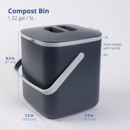 BLUE GINKGO Kitchen Compost Bin with Lid, Handles | Dishwasher Safe | Made in Korea (5 Liter) - Gray