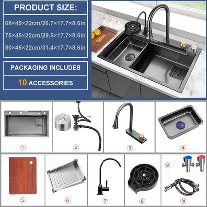 Black Nano Kitchen Sink Stainless Steel Waterfall Sink Set Nano-coated Worktop Sink with Pull-out Faucet and Cup Washer Pressure Glass Washer (Color: A, Size: 75 x 45 x 22 cm)