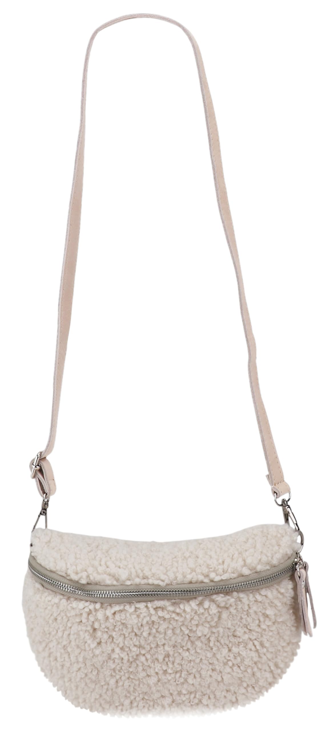 SH Leather® Teddy Plush Hip Bag Women's Belt Bag for Festival Travel Waist Bag Medium Crossbody Bag Women with genuine Leather Shoulder Strap 27x16cm Kate G358 (Beige/Silver Zipper, M)