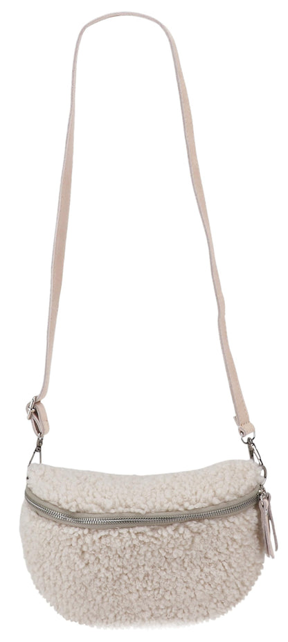 SH Leather® Teddy Plush Hip Bag Women's Belt Bag for Festival Travel Waist Bag Medium Crossbody Bag Women with genuine Leather Shoulder Strap 27x16cm Kate G358 (Beige/Silver Zipper, M)