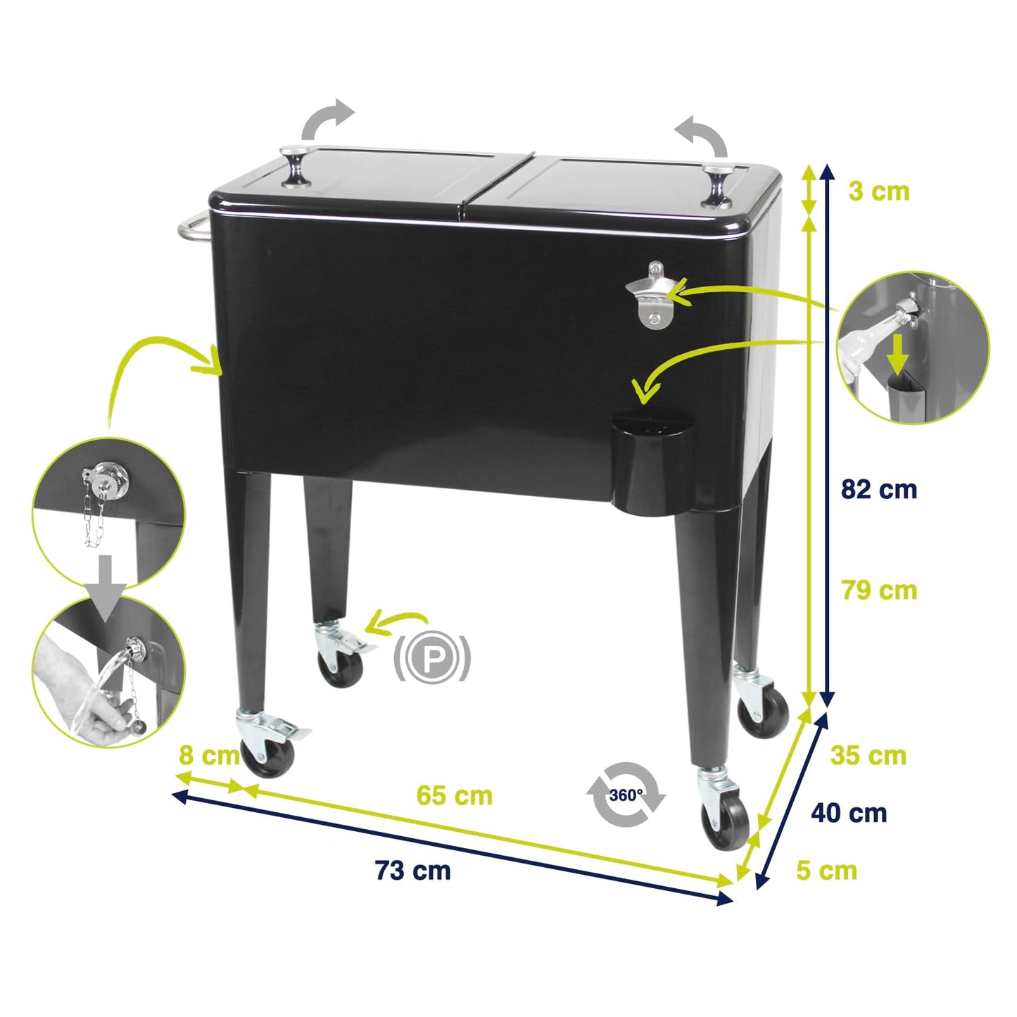Kailua Cooler - American cooler box, cooler cart, party drink cooler, black.