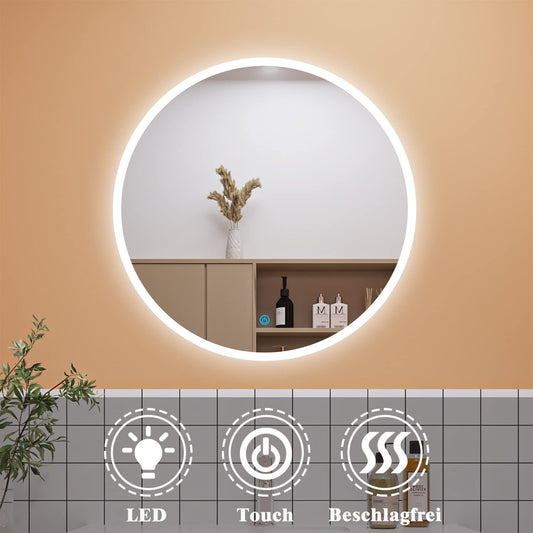 Aica Sanitary LED Bathroom Mirror ROUND 80cm Touch Anti-Fog Wall Mirror Round Mirror Cool White Explosion-proof Film IP44 Energy Saving