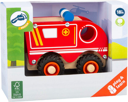 Small foot ambulance wooden emergency vehicle with loading area and rubber wheels, for ages 18 months and up. 11076