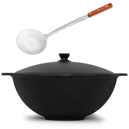 4BIG.fun Kazan 8 L made of cast iron with ladle NAMANGAN Kazan Uzbek with lid Cast Iron Kettle Uzbek Camping Uzbek Wok Pan Asia Wok Pot with aluminum lid Grill Wok Cast Iron Pot Wok Pan