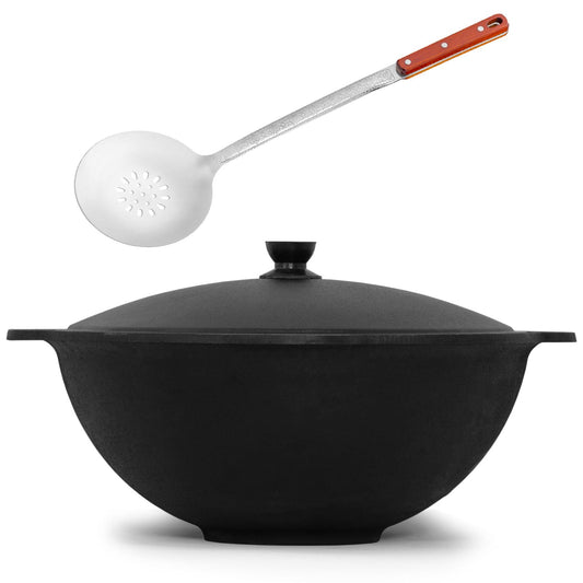 4BIG.fun Kazan 8 L made of cast iron with ladle NAMANGAN Kazan Uzbek with lid Cast Iron Kettle Uzbek Camping Uzbek Wok Pan Asia Wok Pot with aluminum lid Grill Wok Cast Iron Pot Wok Pan