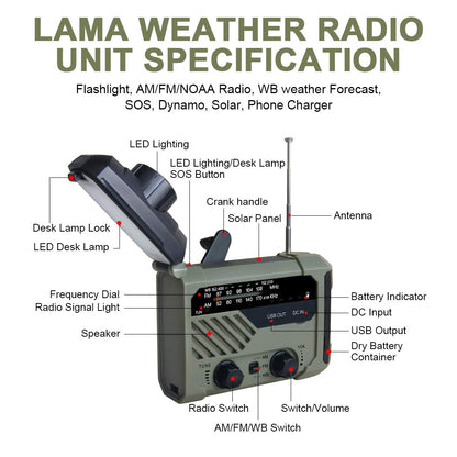 LAMA Solar Radio AM/FM crank radio emergency radio 2000mAh power bank USB rechargeable with hand crank dynamo LED lamp reading light SOS alarm for outdoor hiking camping survival travel emergency army green