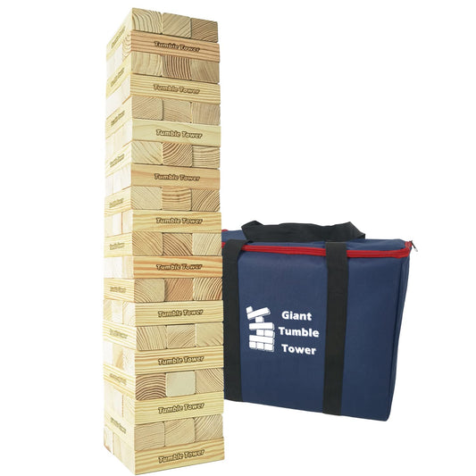 Jac & Mok Giant Tumble Tower game made of pine wood. Includes 60 building blocks and a carrying bag for outdoor fun.