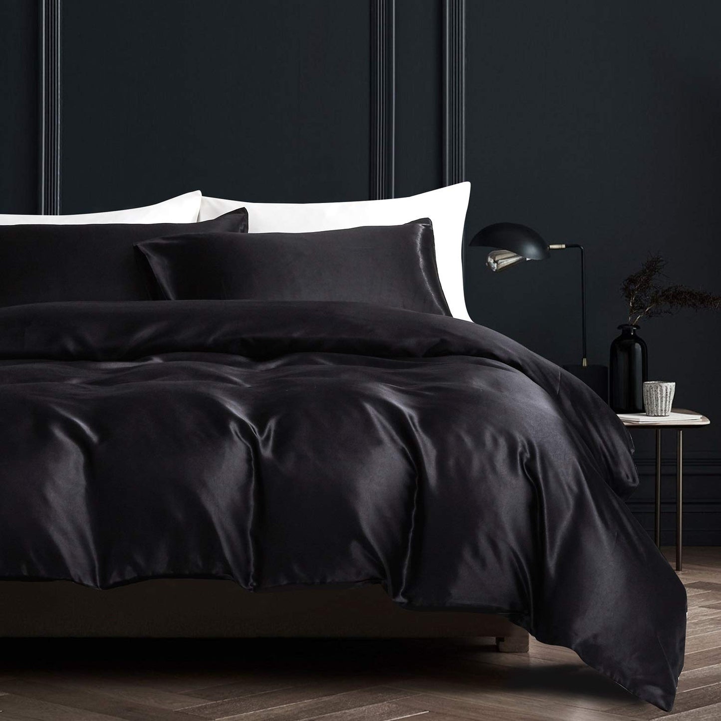 Boqingzhu Satin Bedding 220x240cm King Size Black Solid Glossy Silk Duvet Cover with Zipper and 2 Pillowcases 80x80cm