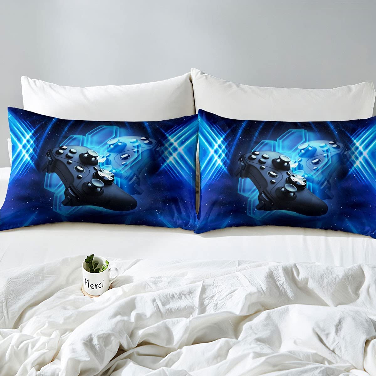 Homewish Gaming Bedding Set Boys Teen Game Room Decor Duvet Cover Kids Youth Blue Gamepad Printed Gamer Quilt Cover Modern Novelty Video Games Bedroom Decor Bedspread, 135x200