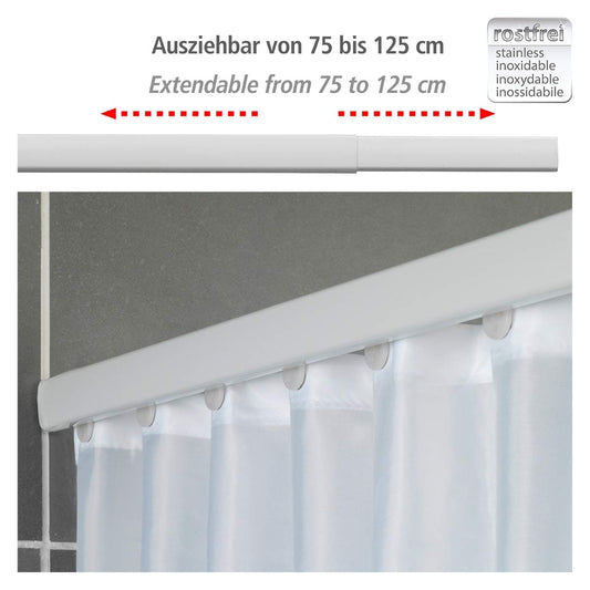 WENKO Telescopic Shower Curtain Rail Era White, extendable rail made of rust-free aluminum, for hanging all shower curtains, including attachment without drilling, 75-125 x 2 x 3.5 cm