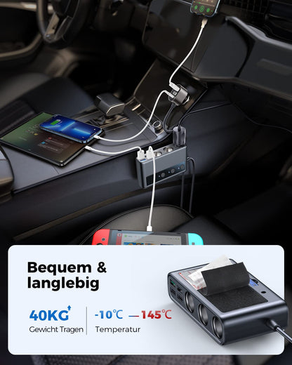 JOYROOM 210W cigarette lighter distributor, 【2025 Upgrade】car charger adapter, 3 way 12V/24V plug charging cable splitter with 36W PD & 5 USB ports for iPhone 17/iPad/Dashcam/GPS/seat heater.