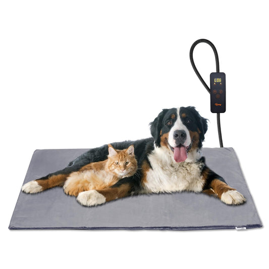 Toozey Cat & Dog Heating Pad Indoor 90 * 60cm, Timing & Temperature Adjustable Safe Electric Pet Heating Blanket, Soft Warming Blanket for Newborn/Small/Older Cat and Dog, Gray - XL