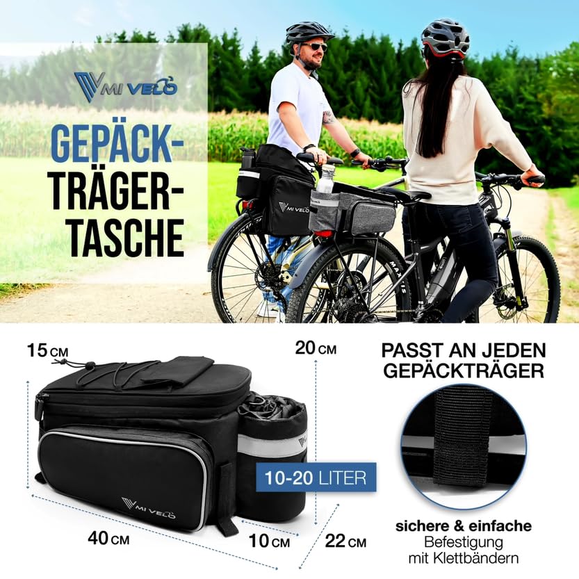MIVELO - Bike bag for luggage carrier insulated luggage carrier bag cooler bag bike - up to 20L - water-repellent (Black - insulated)