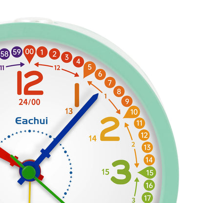 Eachui analog alarm clock for kids without ticking for boys and girls - learning alarm clock with night light, snooze, and battery operated analog quartz alarm clock, easy to set up (green)