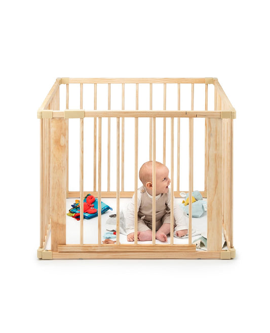 dibea playpen for baby & toddler, sustainable playpen made of light spruce wood with door, 4 elements each 90x68 cm, solid barrier gate protects during crawling & walking attempts, secure safety gate.