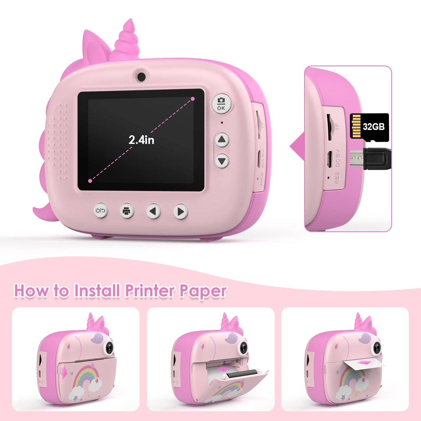 HiMont Children's Camera Instant Camera, Digital Camera for Kids with Printing Paper & 32G TF Card, Video Camera with Colorful Pens & Fun Accessories, Gift for Children 3-14 Years Old (Pink)