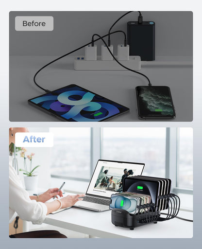 ORICO 120W charging station for multiple devices, 10 USB smart ports Automatic temperature control system, Multi USB charging station compatible with iPad, tablet, and mobile phone (Includes 10 black charging cables)
