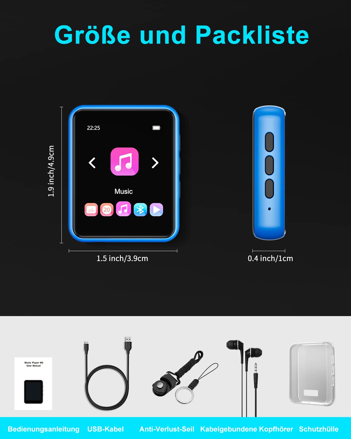 32GB MP3 Player Bluetooth 5.0 with Full Touchscreen, Lossless HiFi Music Player with Metal Casing, with FM Radio, Speaker, Line-in Recording, Support up to 128GB