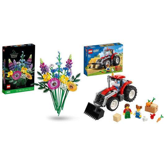 LEGO Icons Wildflower Bouquet set, artificial flowers & City Tractor toy, farm set with minifigures and animal figures, great gift for boys and girls aged 5+ 60287