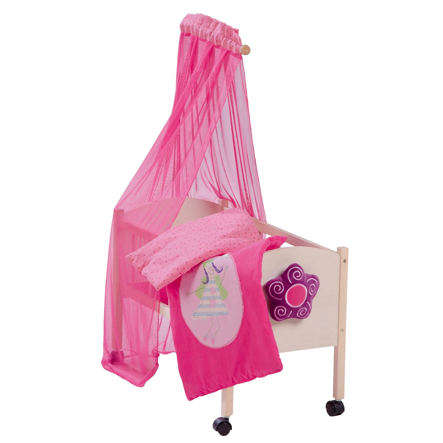 roba doll's bed series 'Happy Fairy', natural wood incl. textile accessories, bedding & canopy pink