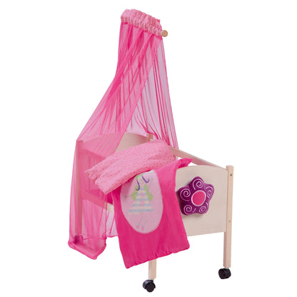 roba doll's bed series 'Happy Fairy', natural wood incl. textile accessories, bedding & canopy pink