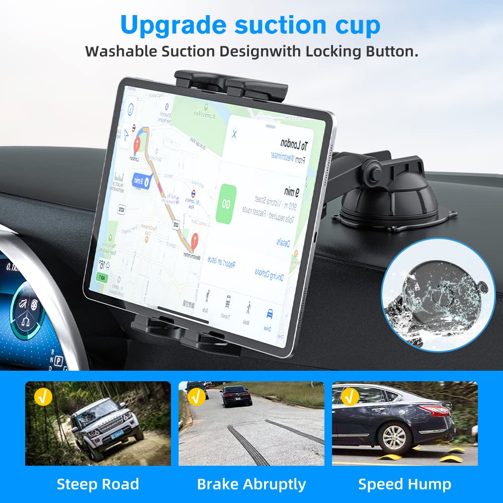 XWXELEC Tablet Holder for Car, iPad Holder for Car, Universal Windshield and Dashboard Mount, 360° Rotating Adjustable, Stable and Washable TPU Suction Cup, for 7"-12.9" Tablet Holder