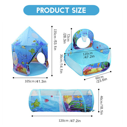 Benebomo 3 in 1 play tent with tunnel, kids tent with tunnel, Blue Ocean children's tent, crawl tunnel with tent, large garden playhouse tent, for girls indoors and outdoors.