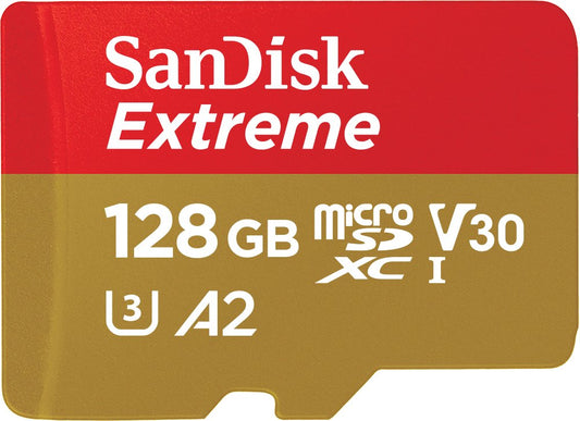 SanDisk Extreme microSDXC UHS-I Memory Card 128GB for action cams and drones + Adapter + RescuePRO Deluxe (up to 190MB/s, A2, Class 10, U3, V30)
