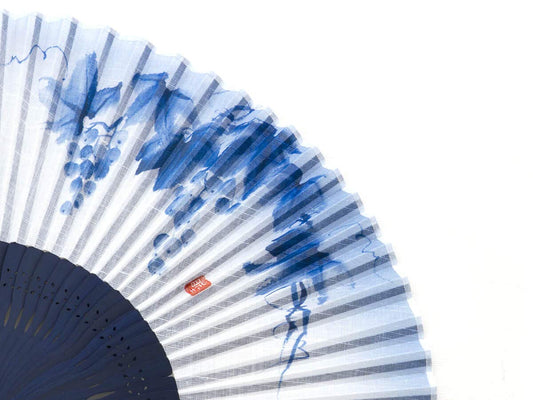 Maisendo hand fan Yoru, blue-white, made of bamboo wood and Japanese cotton, linen premium quality fabric case and gift box.