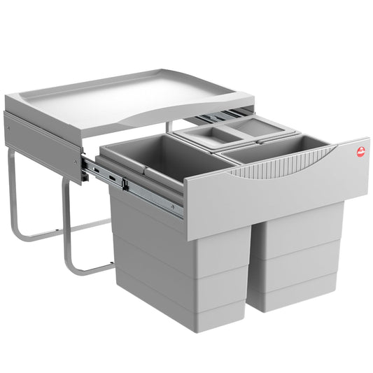 Hailo Space-saving Tandem 3644731 built-in waste separator with 3 compartments - kitchen trash can for installation in the base cabinet - 12 and 2x 8 L - waste bin with full extension for revolving door cabinets from 50 cm - Light grey