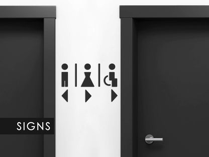 3DP Signs - Embossed Toilet Design Door Sign SA113 Black self-adhesive restroom signs - Modern ladies' restroom sticker bathroom sign for doors - Man, woman, and wheelchair user accessible toilet sign