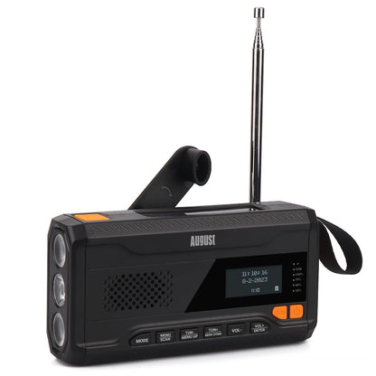 August MB290B Crank Radio DAB/FM/Bluetooth - Solar Radio 4500mAh Rechargeable Power Bank, 3 Modes LED Flashlight Sleep Timer SOS Alarm 3.5mm Emergency Radio with Hand Crank for Camping Hiking Camping.
