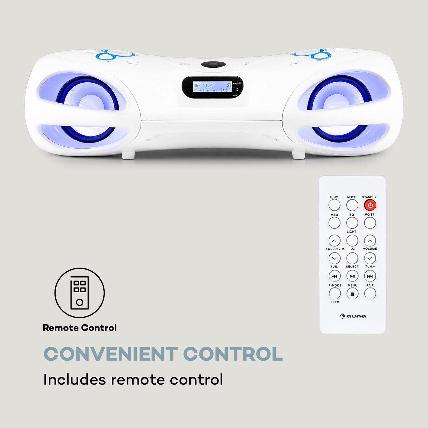 auna Spacewoofer DAB Boombox with CD player - portable speaker, music box, 40 watts, FM radio, DAB+, Bluetooth, USB, AUX IN, LED light effects, can be powered by mains or batteries, includes remote control, white