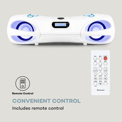 auna Spacewoofer DAB Boombox with CD player - portable speaker, music box, 40 watts, FM radio, DAB+, Bluetooth, USB, AUX IN, LED light effects, can be powered by mains or batteries, includes remote control, white