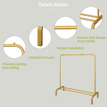 JIUYOTREE Garment Rack 110 cm Metal Clothes Rail Coat Stand with Shelf for Coats, Skirts, Shirts, Sweaters, Gold